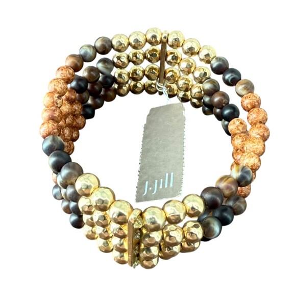 J. Jill Beaded Bracelet Stretch Wood Gold Tone Multi Strand Rustic Boho Earthy - Picture 3 of 10